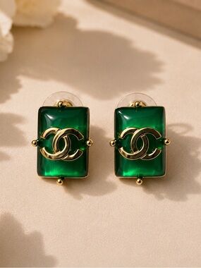 Gold-Tone CC Green Glass Rectangle Clip-On Earrings